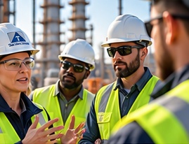 Illustrative image of a woman leading a jobsite safety discussion